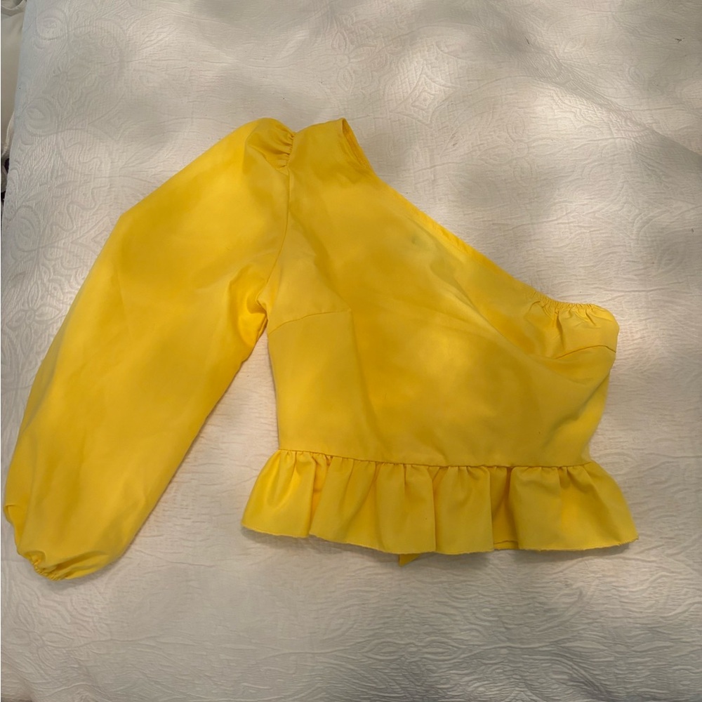 Shein Neon Yellow One Shoulder Lantern Sleeve Tie Front Peplum Top